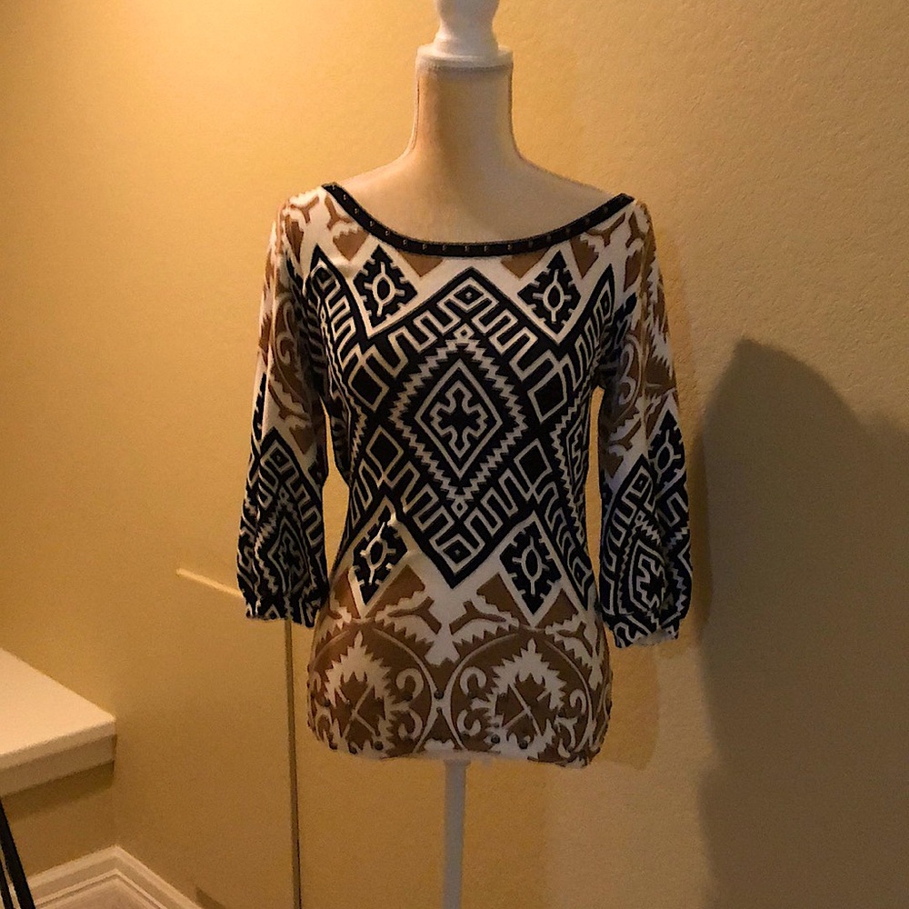Soft surroundings scoop neck blouse with brass detail.